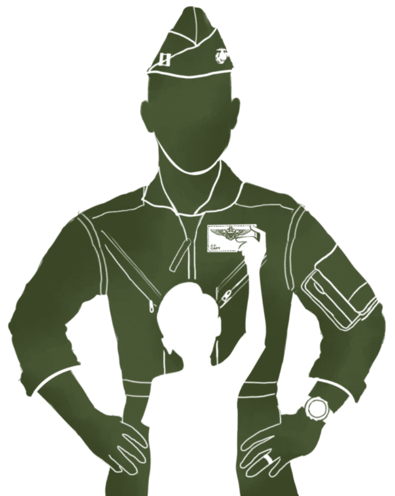 Silhouette of a soldier and child raising a fist together.