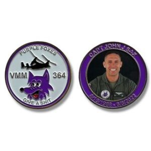 A purple wolf coin with a picture of the same person