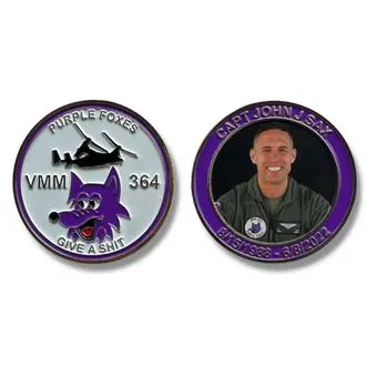 A purple wolf coin with a picture of the same person