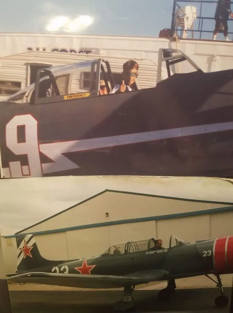 A picture of an airplane and the inside of a hangar.