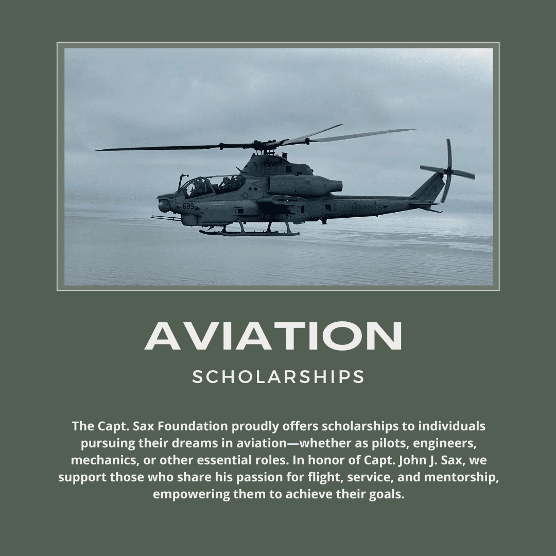 Image of an aircraft with a description that we offer aviation scholarships in honor of Capt. John J. Sax